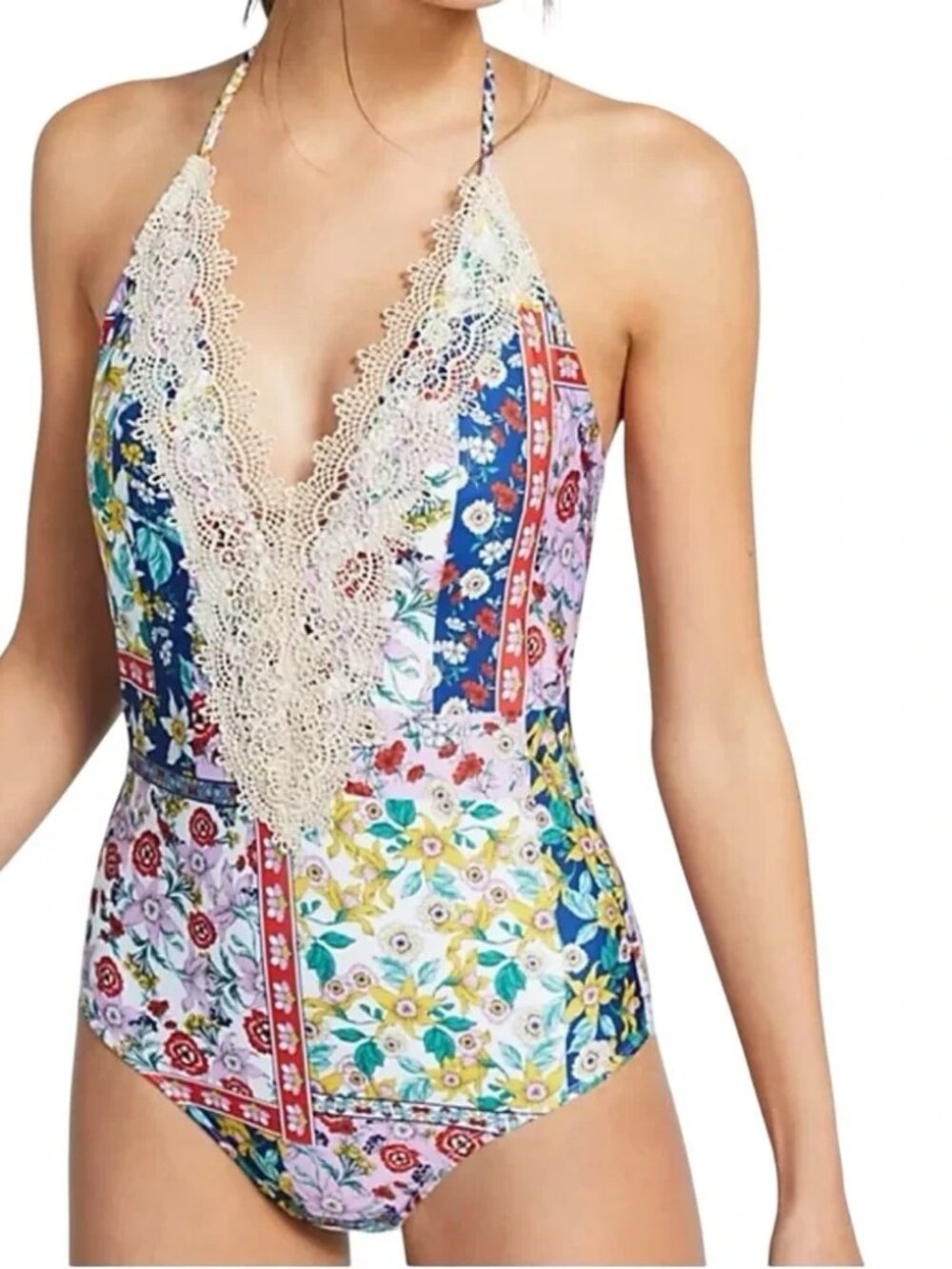 NEW! Anthropologie Allihop Floral Lace-Front One-Piece Swimsuit SMALL BOHO BEACH